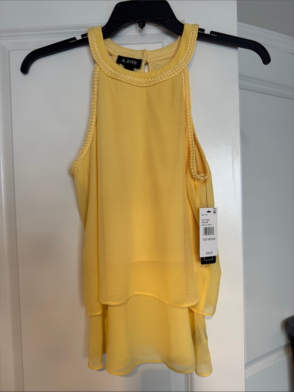 A. Byer Yellow Braided Halter Tiered Chiffon Top